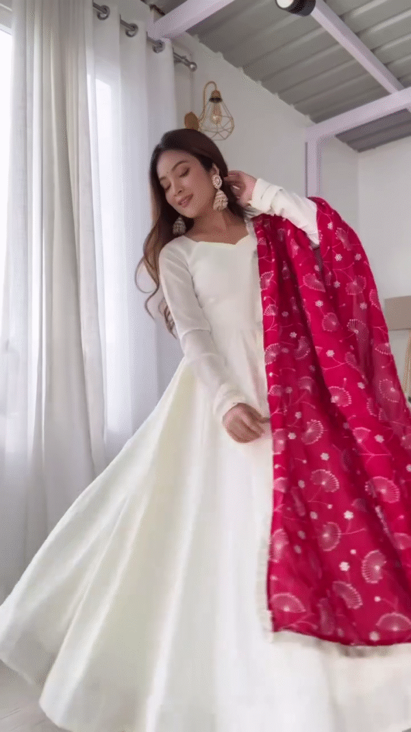 White Vichitra Silk Anarkali Suit with Rani Pink Heavy Dupatta – A Perfect Blend of Elegance and Royalty